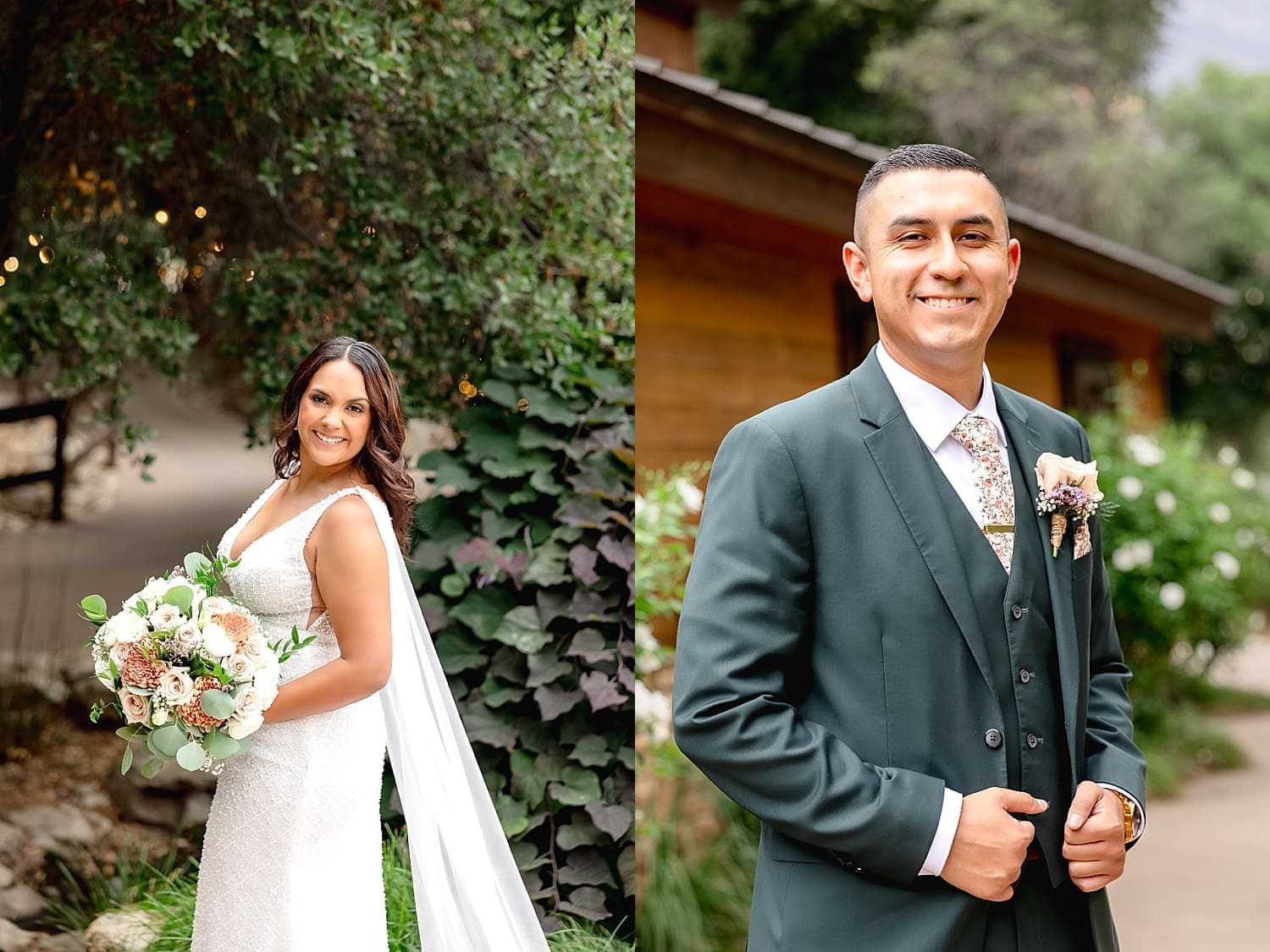 bride and groom stand in gardens before ceremony by Southern California wedding photographer