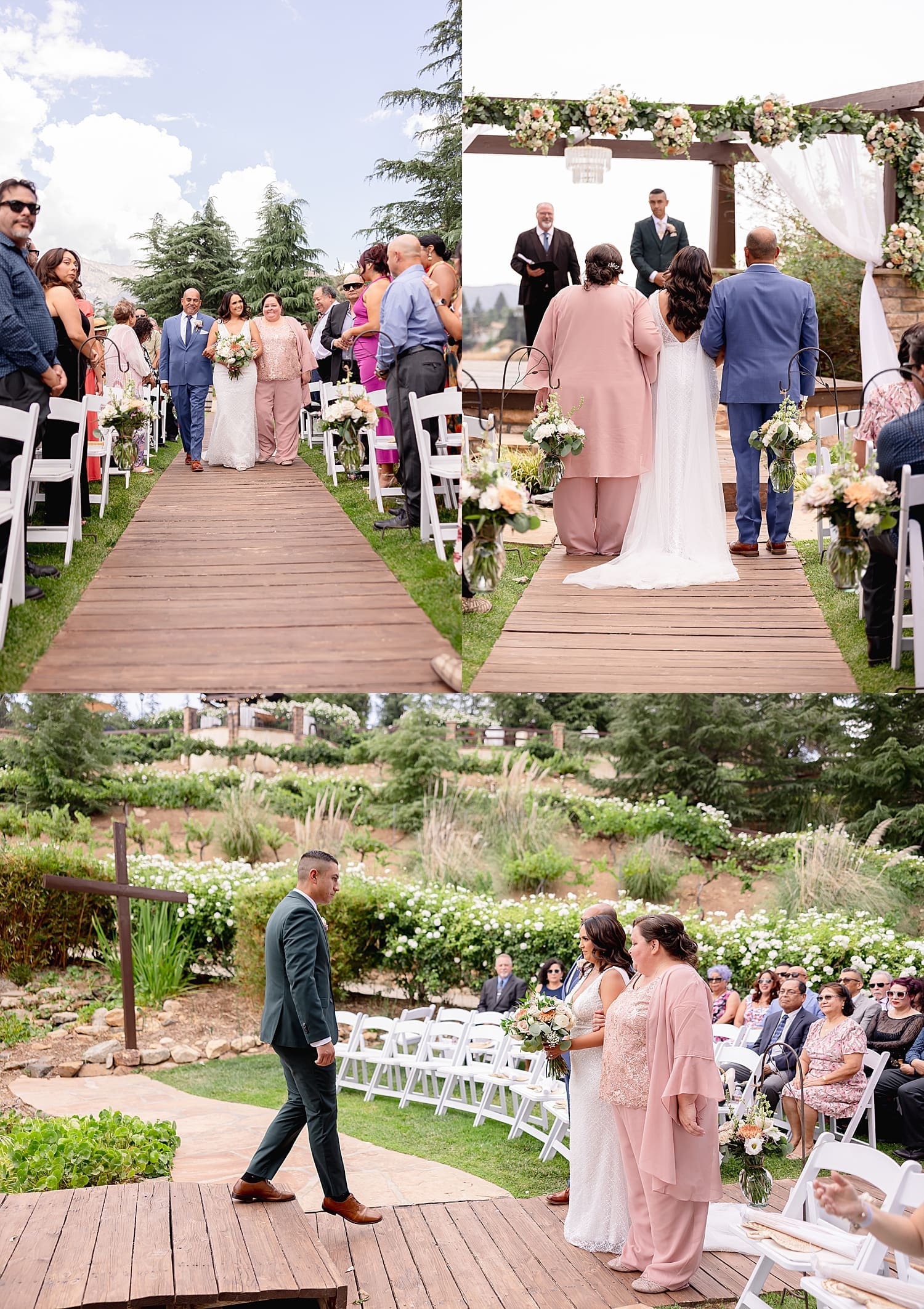 bride walks with both parents down the outdoor aisle by Desiree Ashley Photography