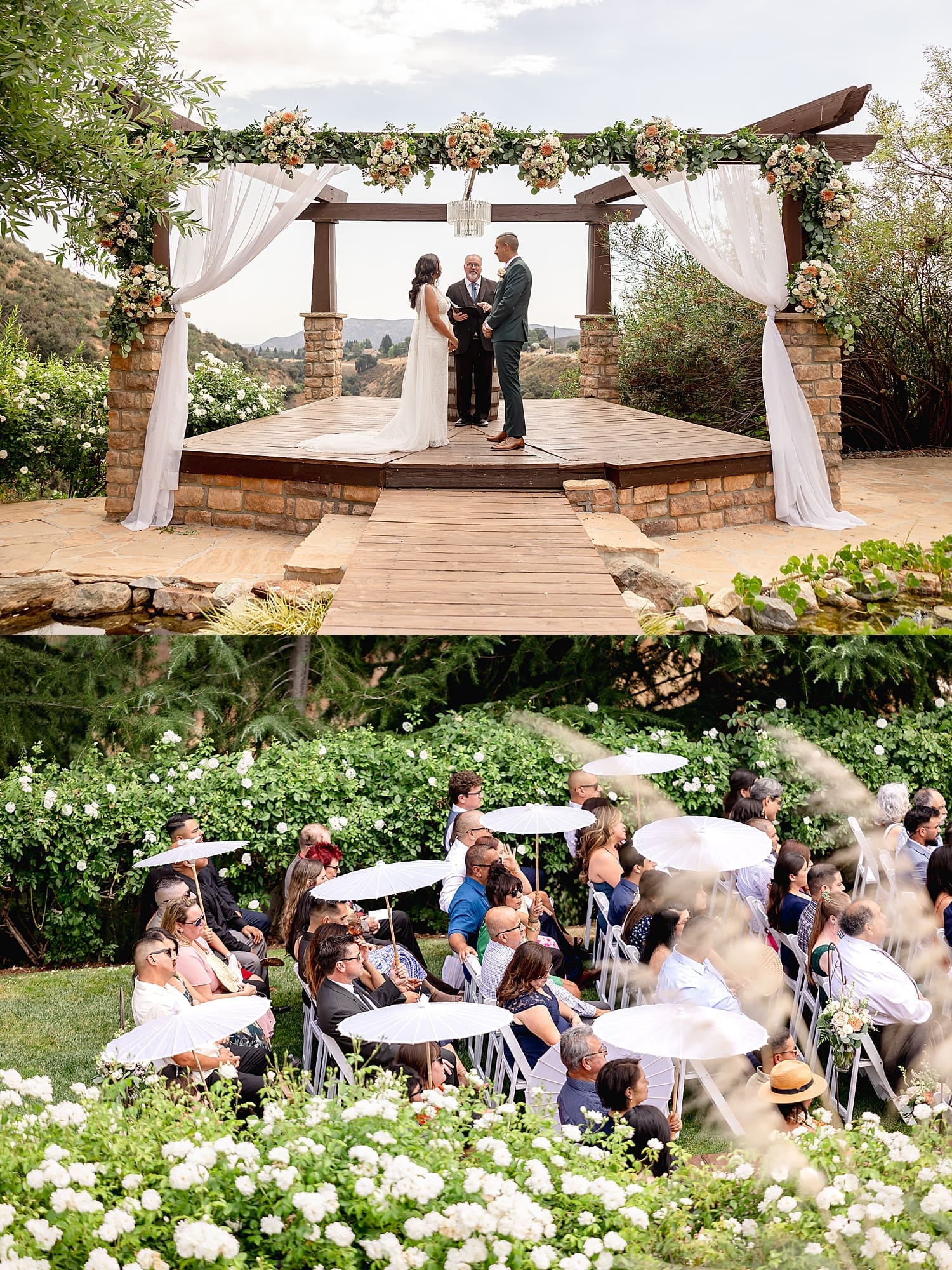 guests sit on lawn for ceremony overlooking rolling hills at Serendipity Gardens