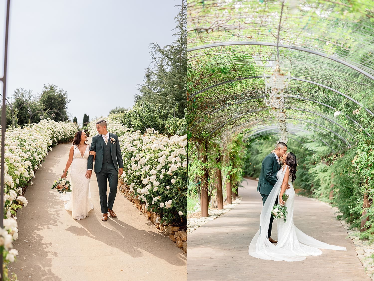 bride and groom walk through rose garden at Serendipity Gardens