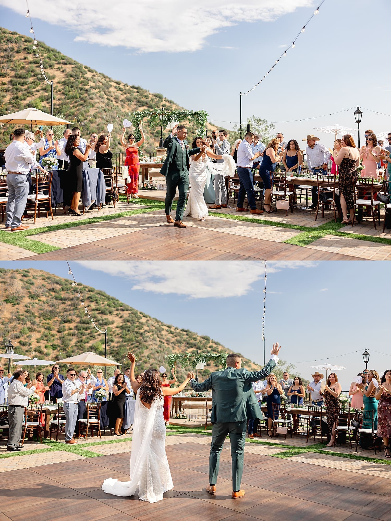 newlyweds enter their reception with hands in the air by Southern California wedding photographer