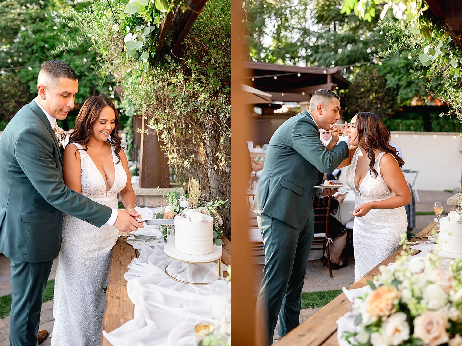 newlyweds cut the cake during reception at Serendipity Gardens