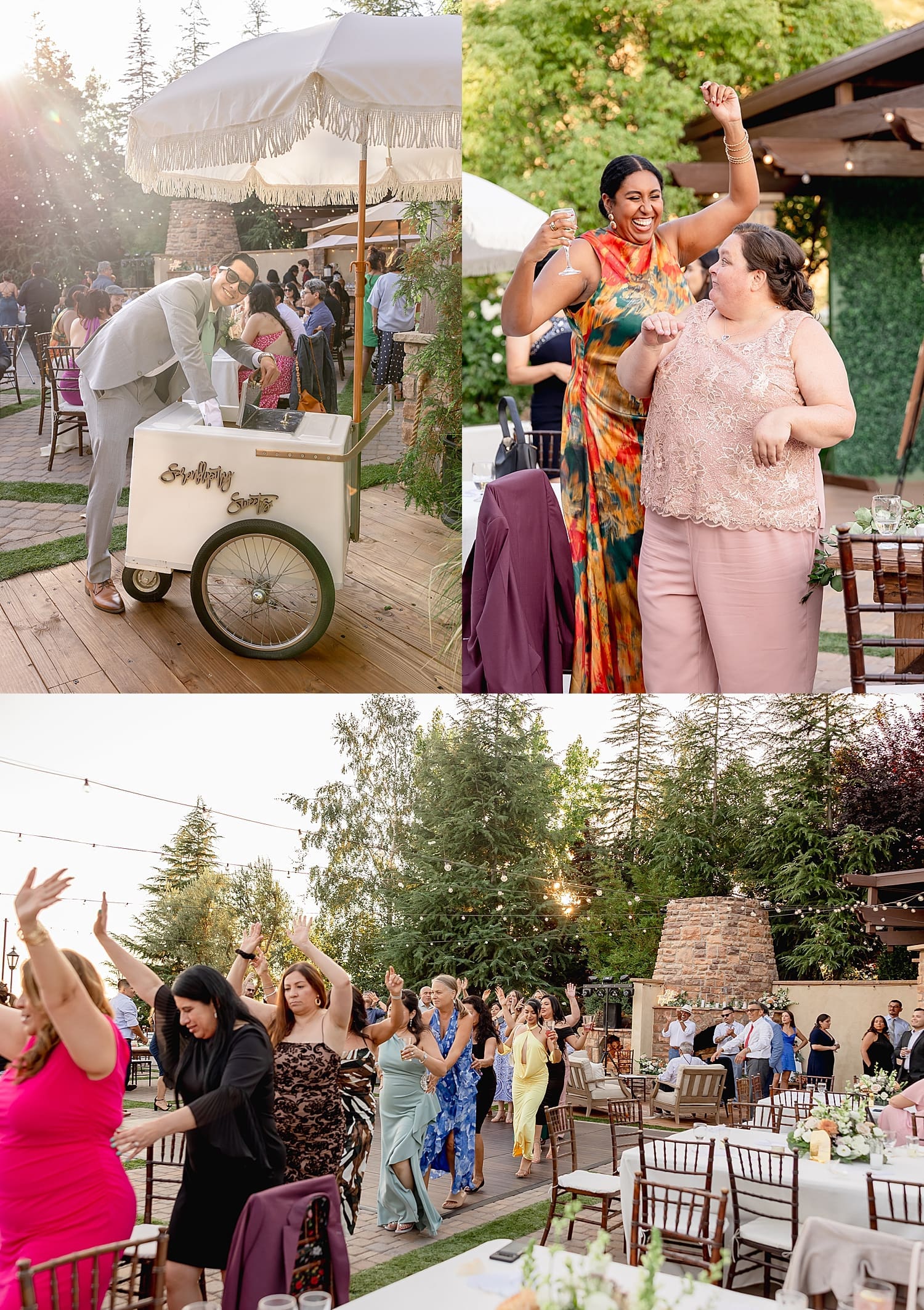 guests form a dancing line around dinner tables by Desiree Ashley Photography
