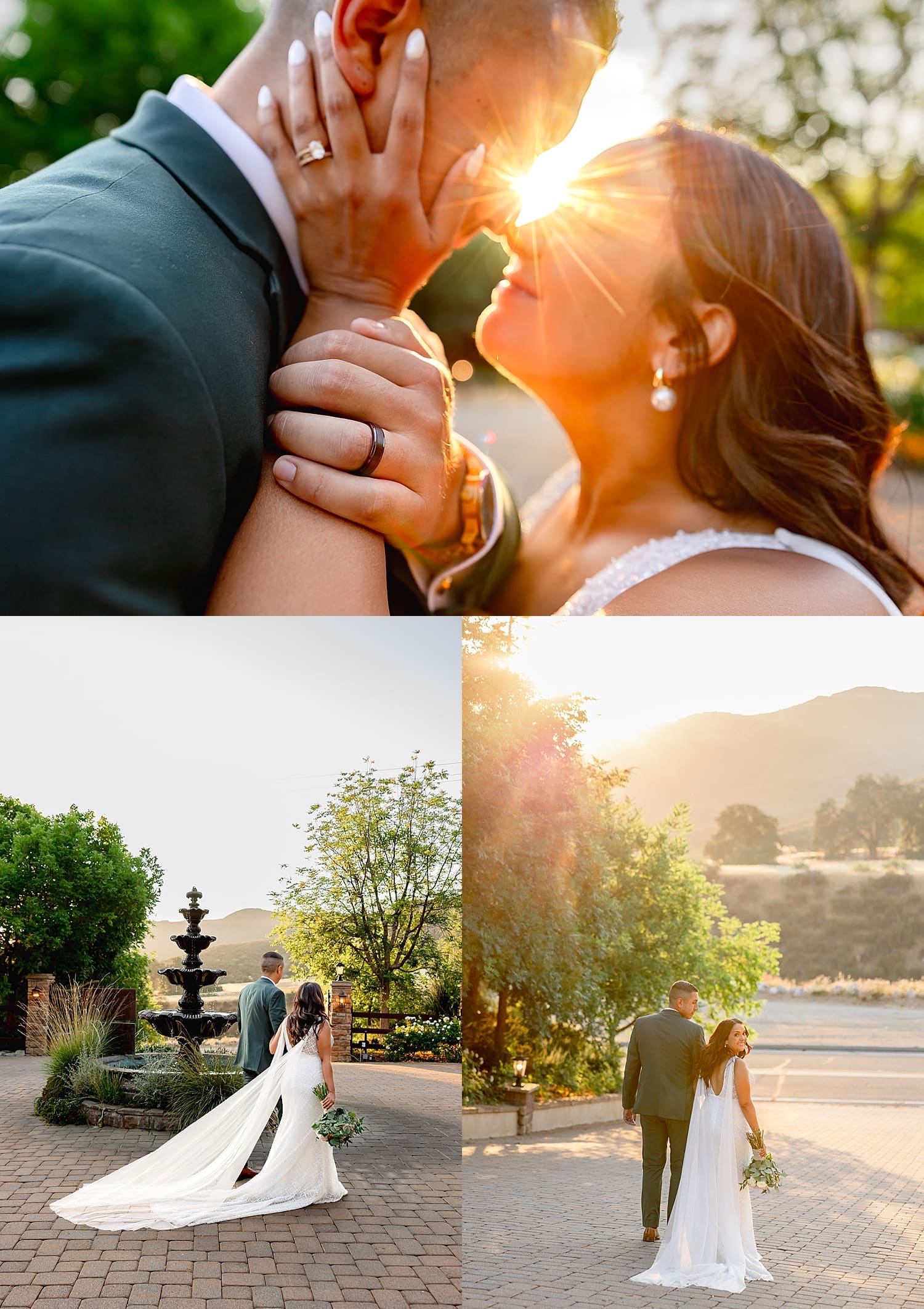 newlyweds walk around courtyard fountain at golden hour by Desiree Ashley Photography