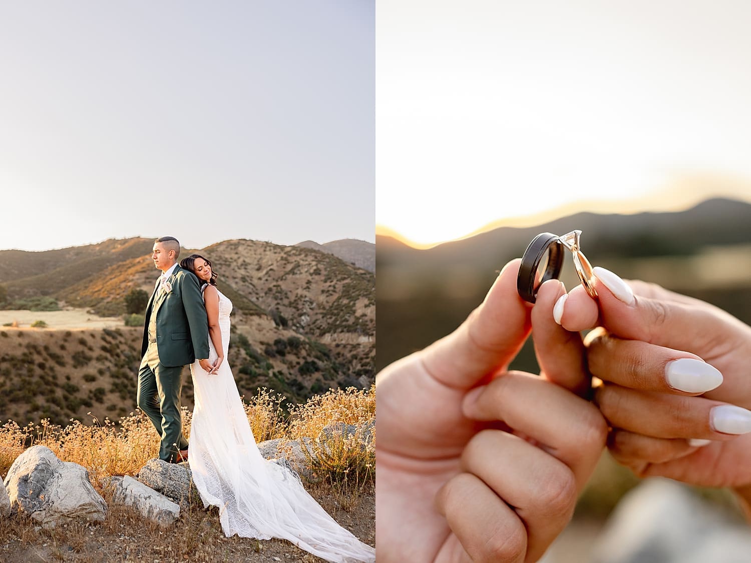 bride and groom hold up their rings during golden hour by Southern California wedding photographer