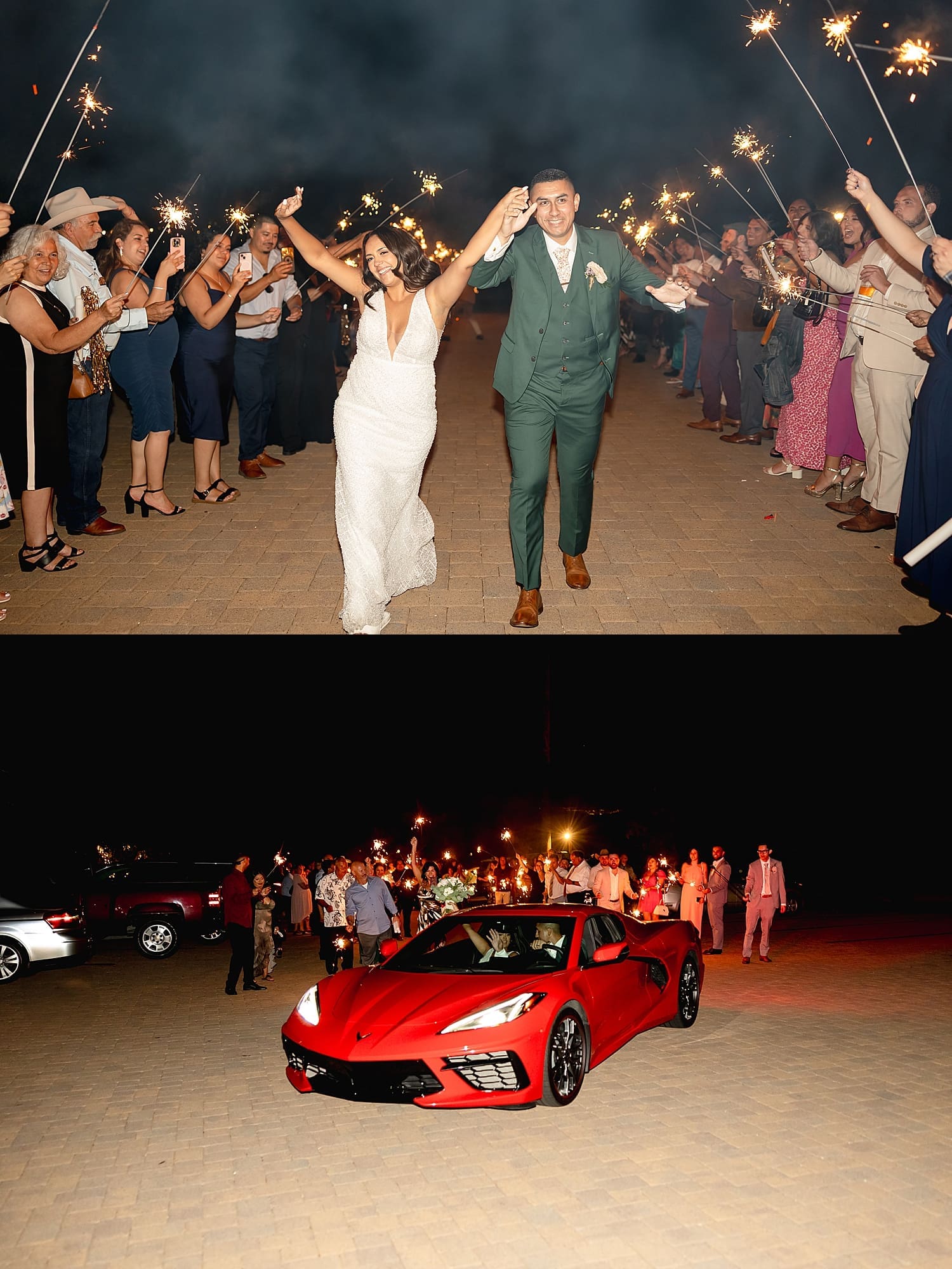 bride and groom walk through sparklers to red corvette by Southern California wedding photographer