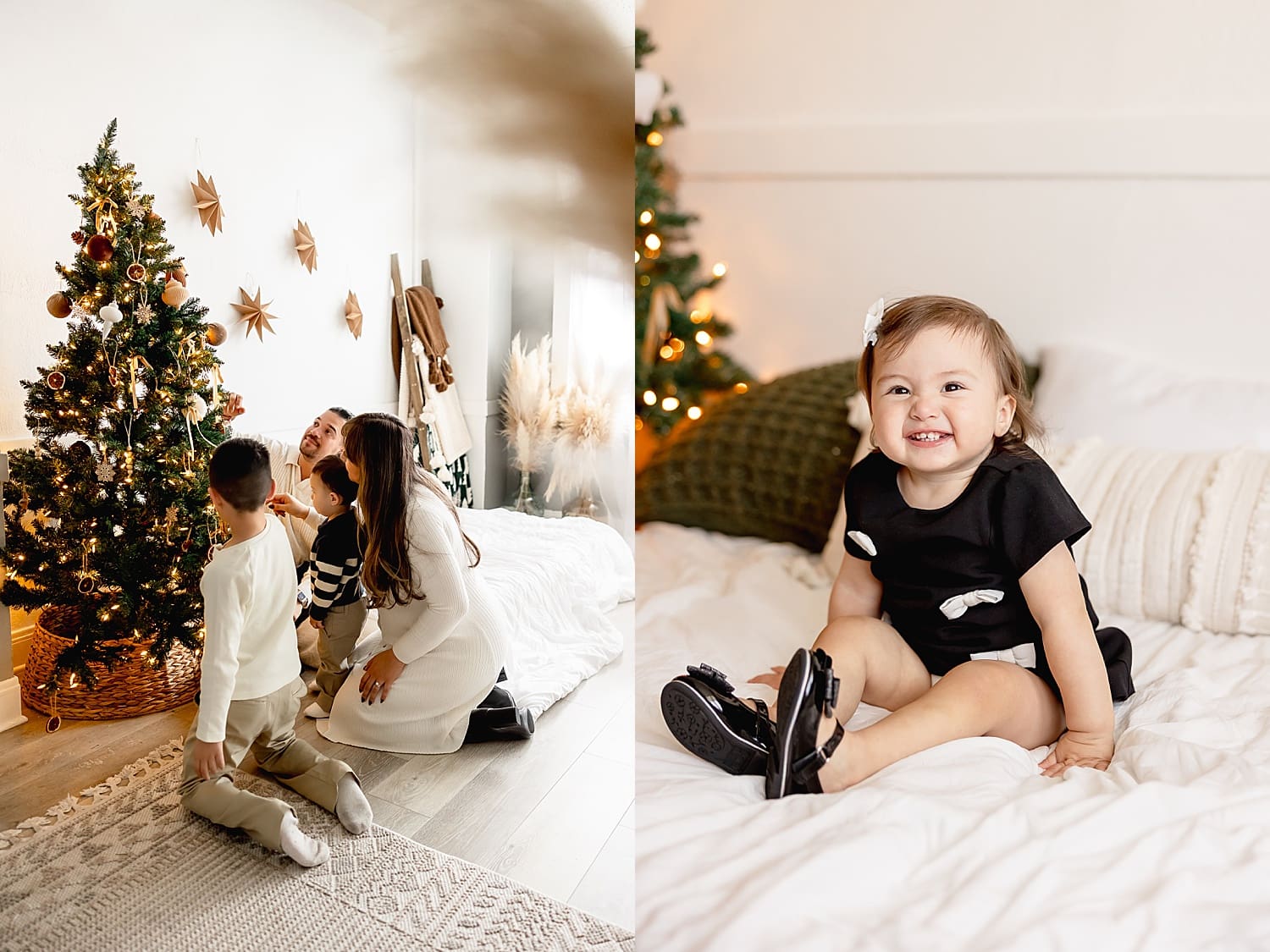 family kneels next to bed on the floor for holiday sessions