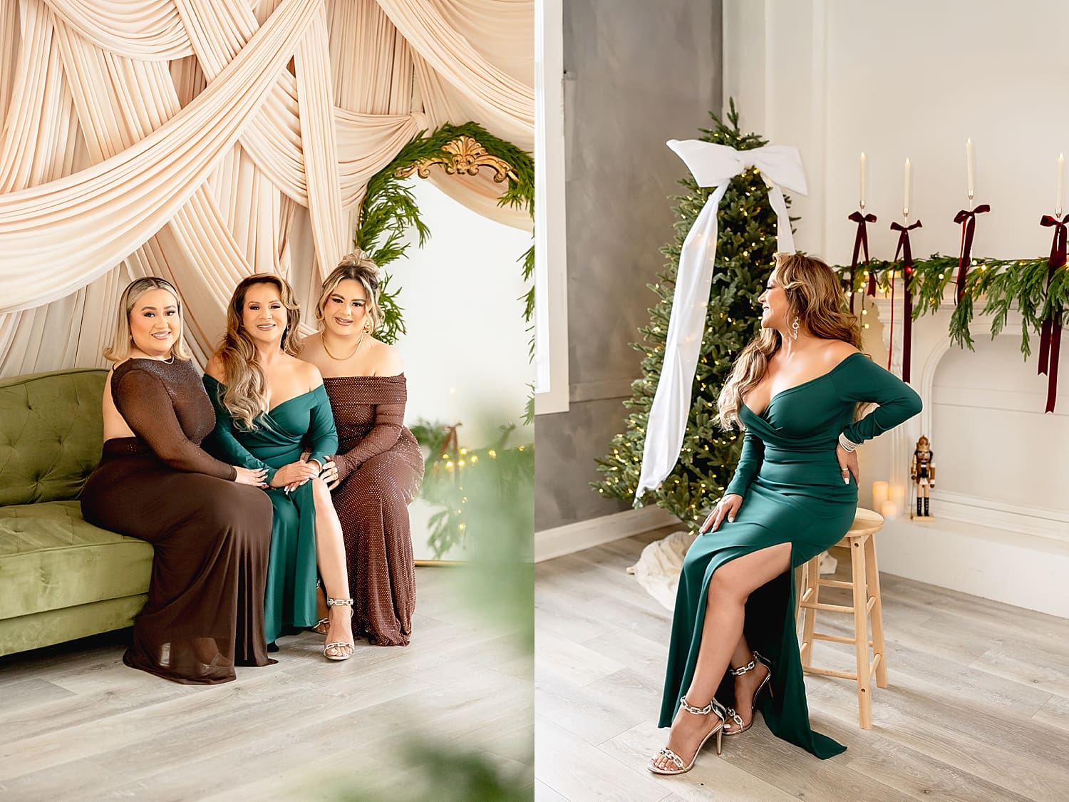 women in long silk dresses in front of christmas tree by Southern California photographer