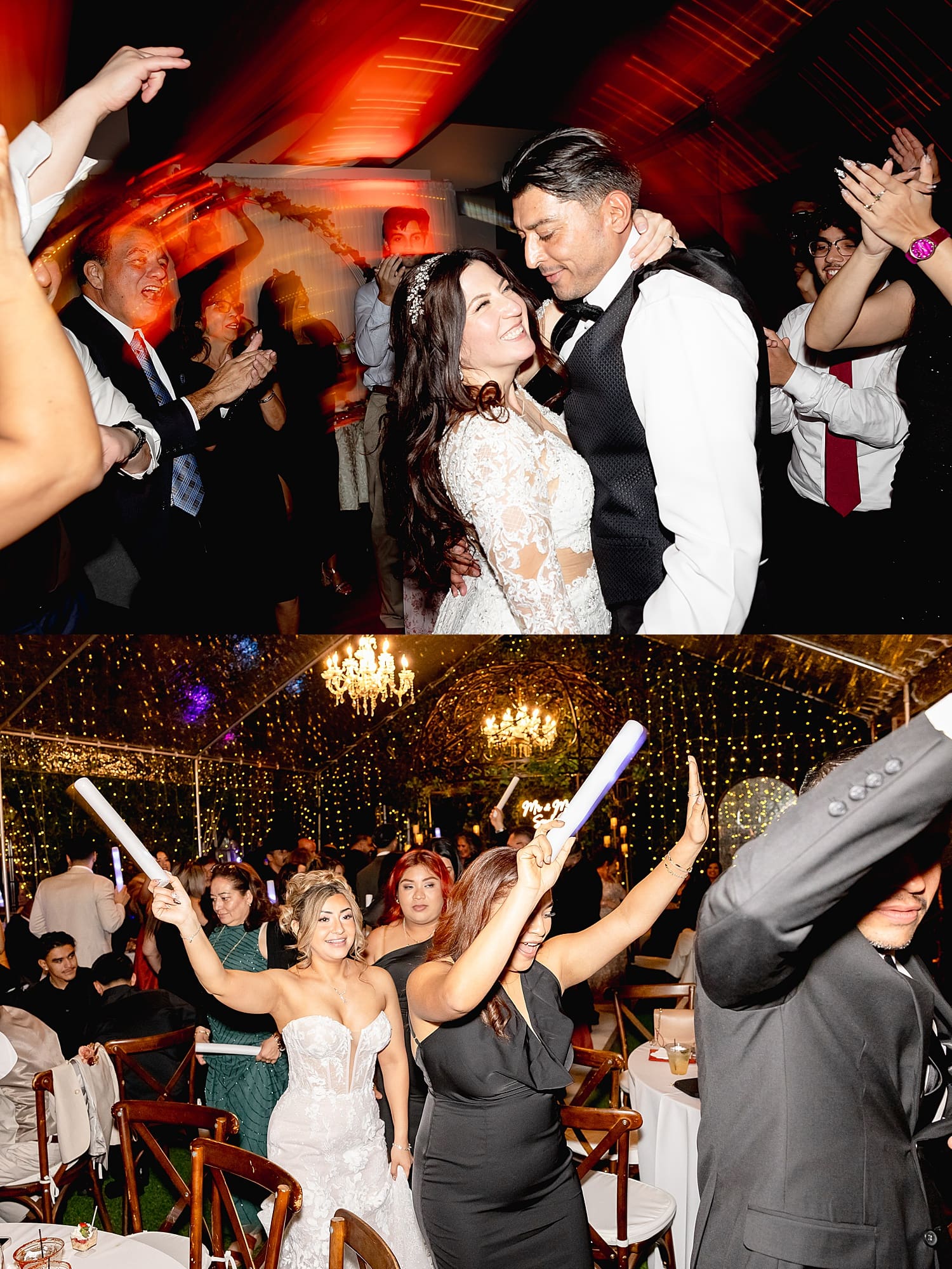 guests dancing with light sticks during reception by Southern California wedding photographer 