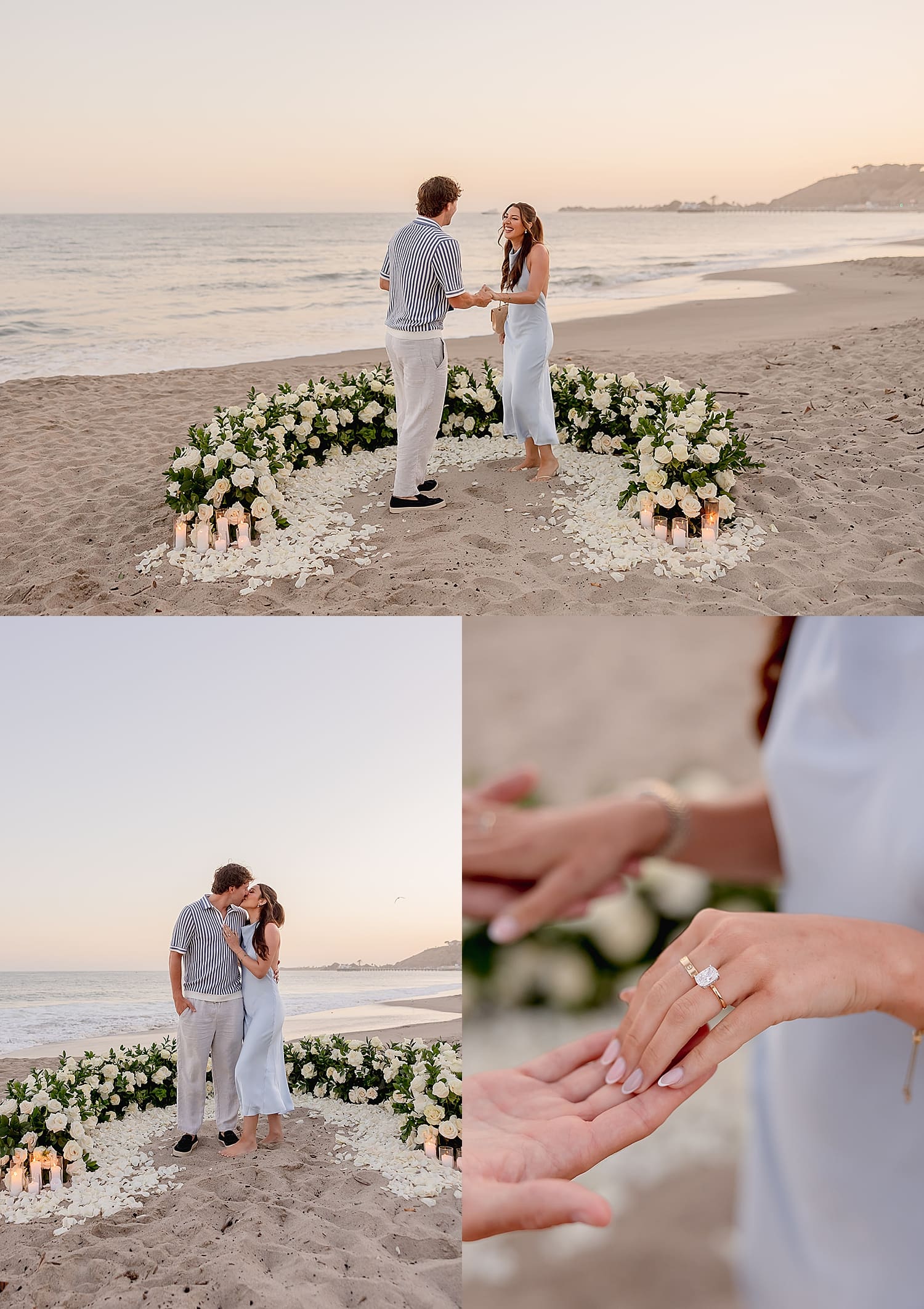 newly engaged couple on a beach at sunset by Southern California wedding photographer