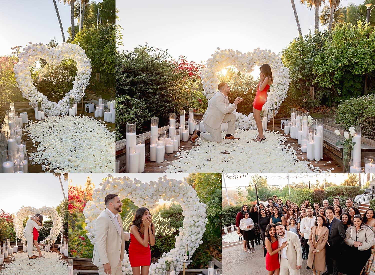 woman in red dress is elated at her luxury proposal 