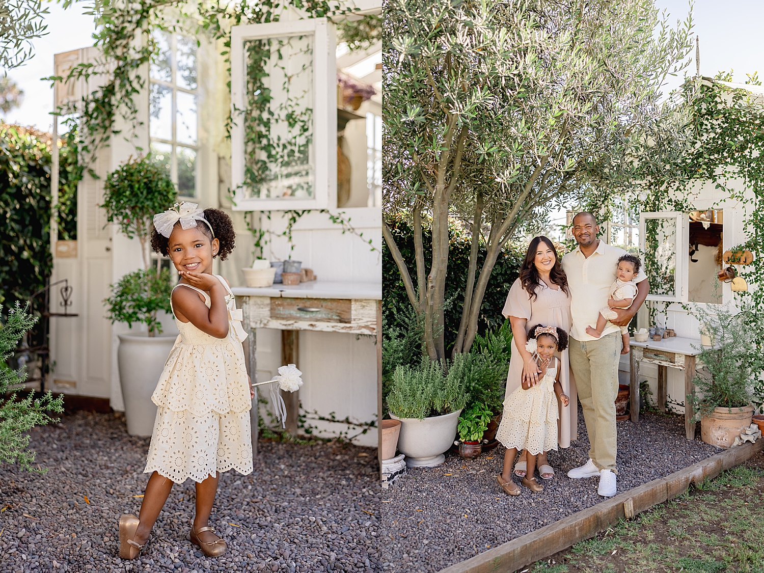 family smiles in courtyard for mini sessions