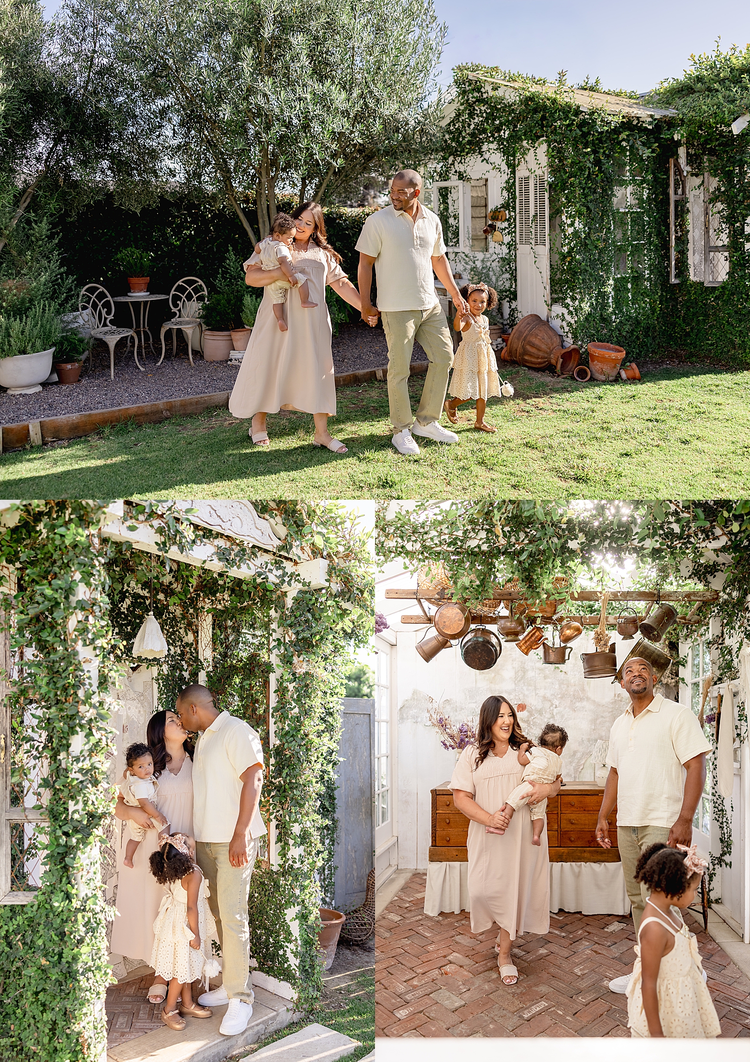 mom and dad walk through garden with kids by Desiree Ashley Photography