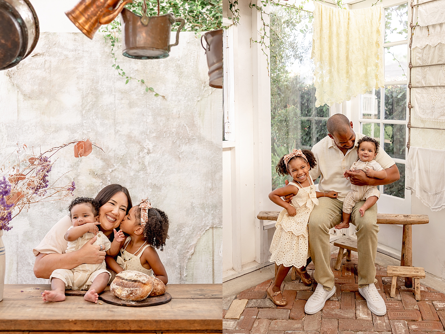 mom and dad sit with their two kids in greenhouse by Southern California photographer