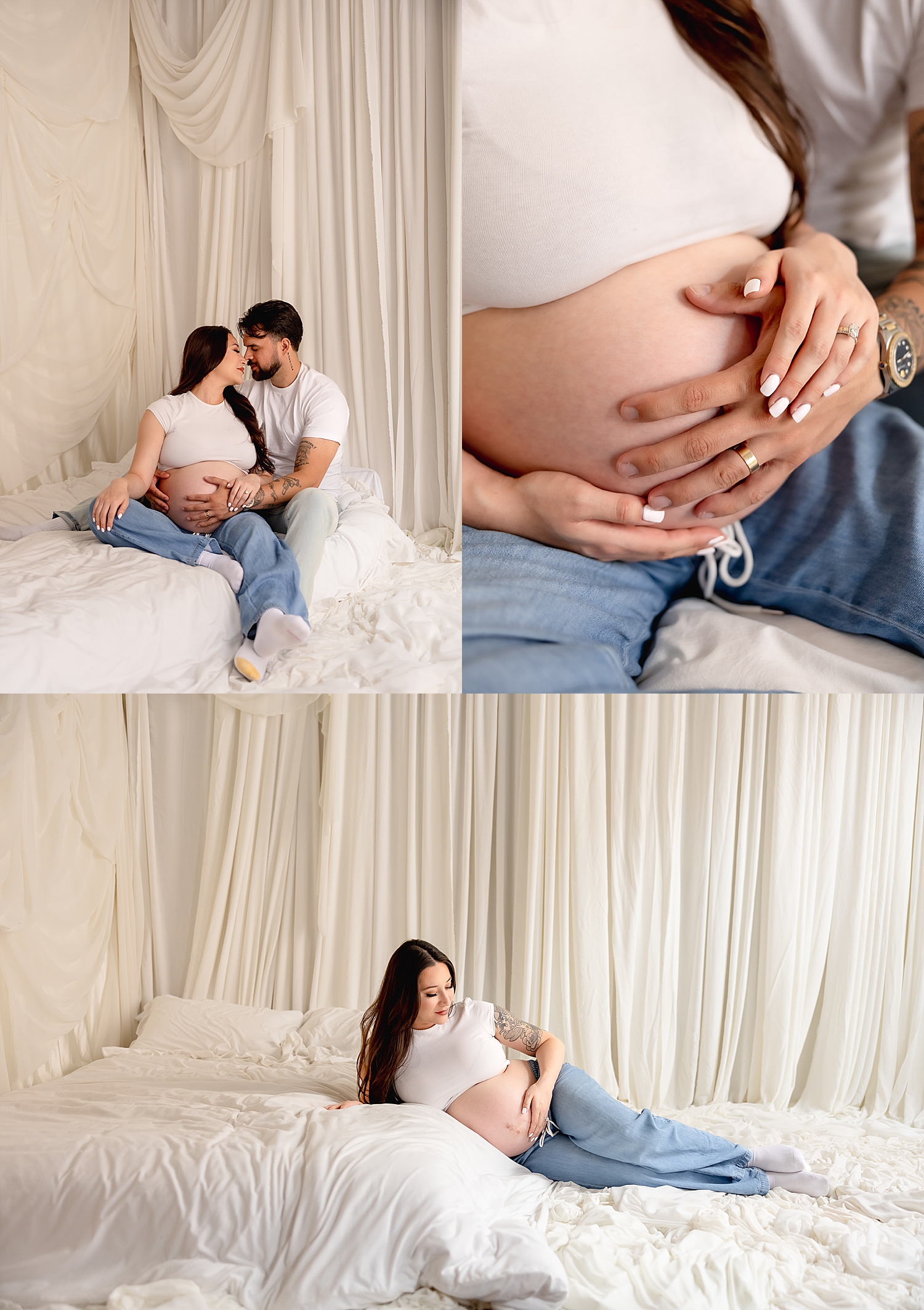 mom and dad sit on white backdrop for studio maternity session