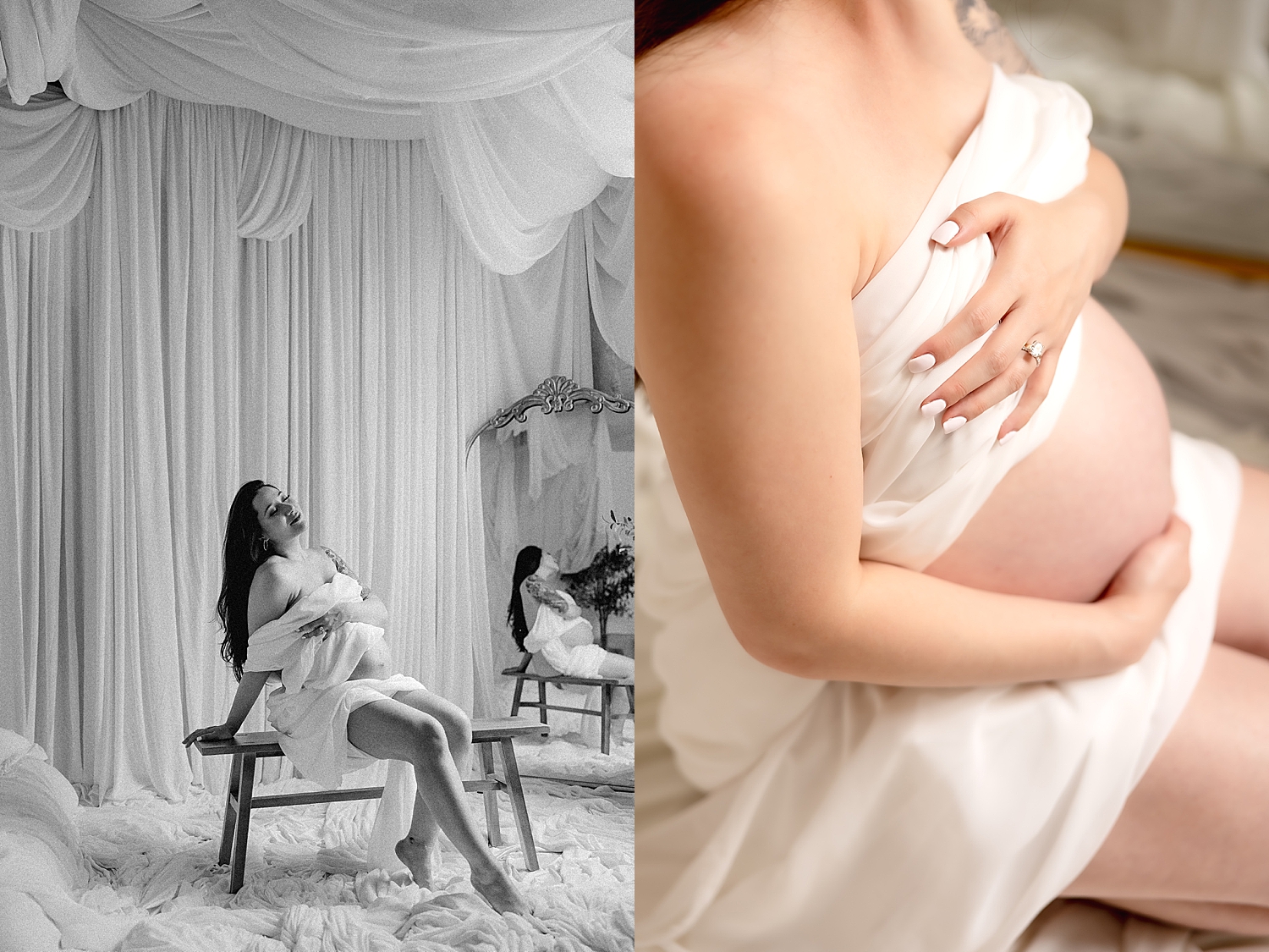 expecting mama sits on bench in front of mirror for studio maternity session